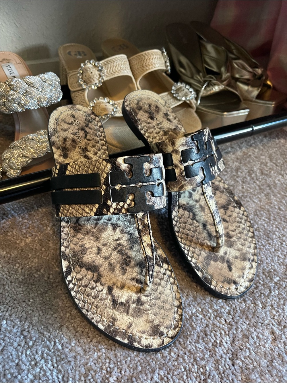 Tory Burch Black & Snake-Print Slide Thong Sandal - Picture 2 of 4